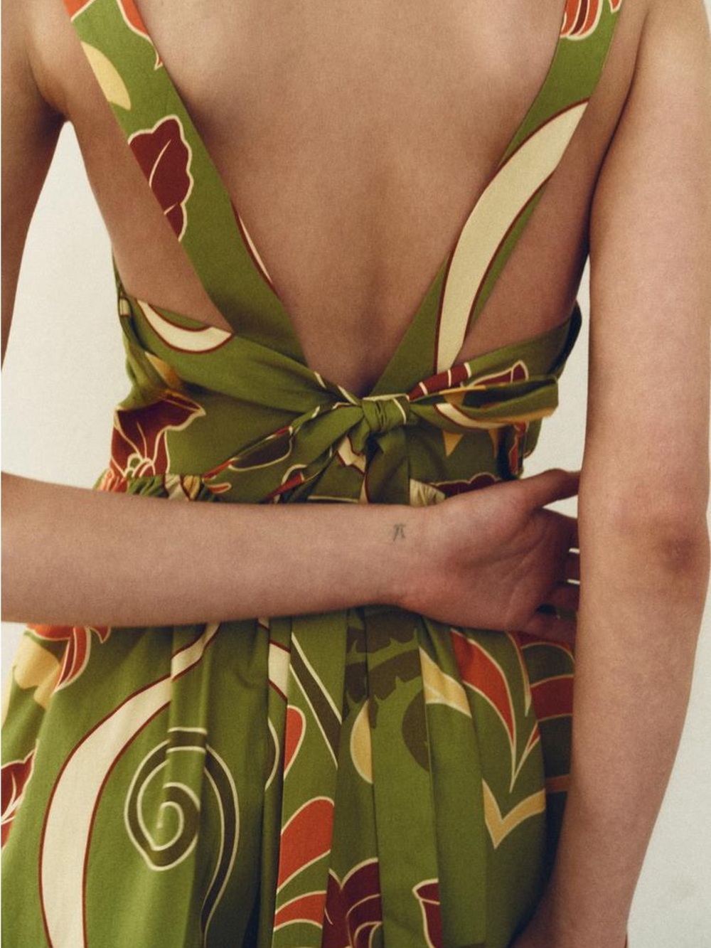 Zara Olive Green Floral Midi Dress with Red & Cream Accents - Picture 4 of 14
